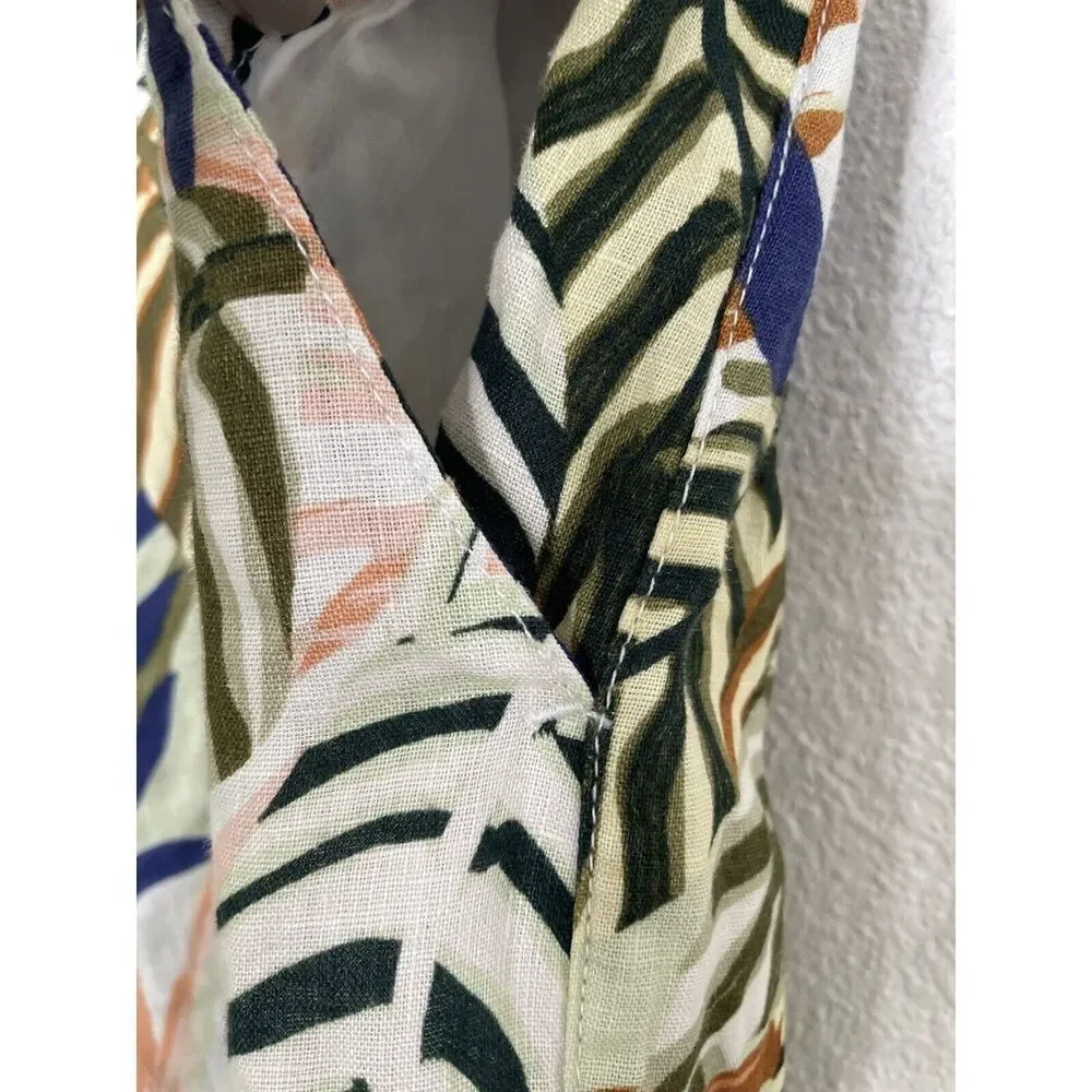 Tahari Size L 100% Linen Wide Leg Crop Pants Tropical Print Pull On